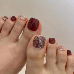 24pcs Red Square Glitter False Toe Nails for Women Girls