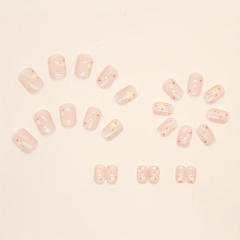 24 pcs Sparkling Stars Press On Nails Yellow Pink Colorful Acrylic Nails Set