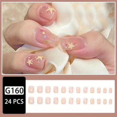 24 pcs Sparkling Stars Press On Nails Yellow Pink Colorful Acrylic Nails Set