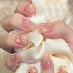 24 pcs Sparkling Stars Press On Nails Yellow Pink Colorful Acrylic Nails Set