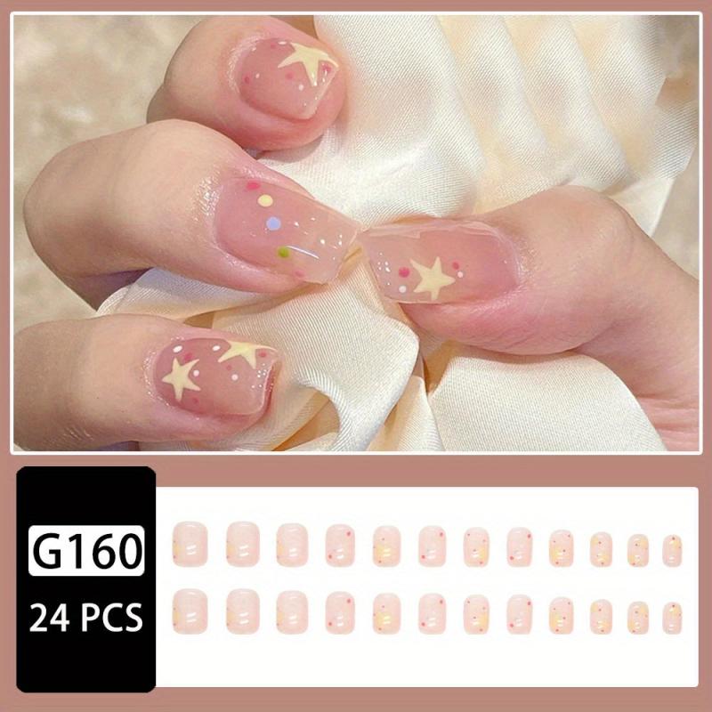 24 pcs Sparkling Stars Press On Nails Yellow Pink Colorful Acrylic Nails Set