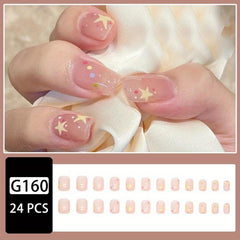 24 pcs Sparkling Stars Press On Nails Yellow Pink Colorful Acrylic Nails Set