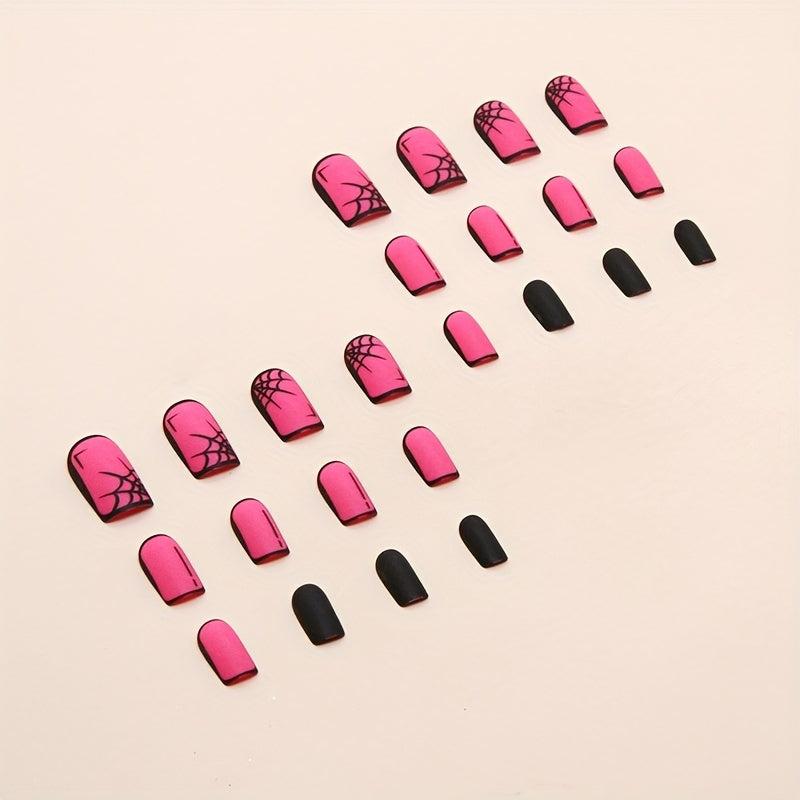 Matte Red Press On Nails with Spider Web Designs