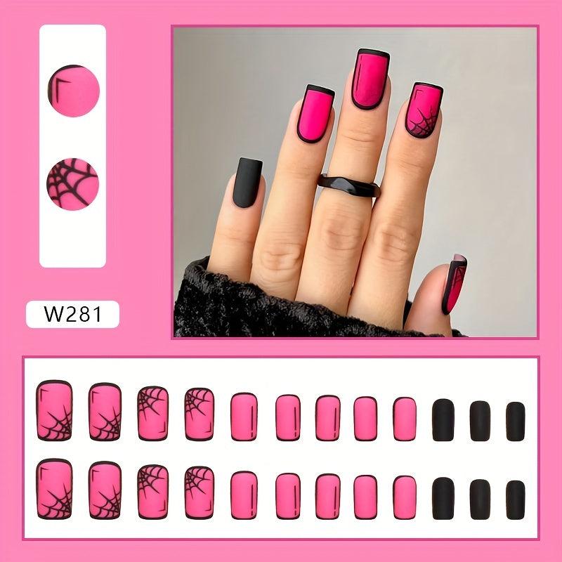 Matte Red Press On Nails with Spider Web Designs