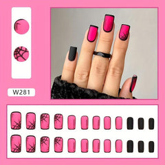 Matte Red Press On Nails with Spider Web Designs