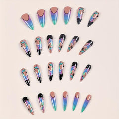 24pcs Pisces Press On Nails with Rhinestones Extra Long Stiletto False Nails