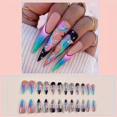 24pcs Pisces Press On Nails with Rhinestones Extra Long Stiletto False Nails