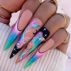 24pcs Pisces Press On Nails with Rhinestones Extra Long Stiletto False Nails