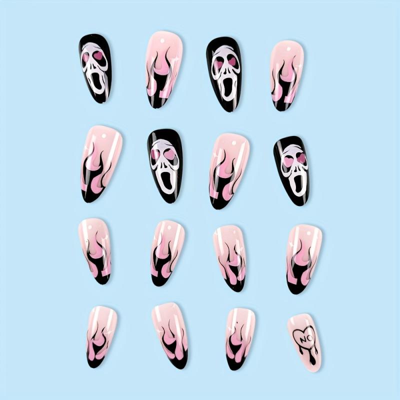 24pcs Halloween Pink Press On Nails with Ghost Flame Heart Almond False Nails