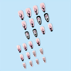 24pcs Halloween Pink Press On Nails with Ghost Flame Heart Almond False Nails