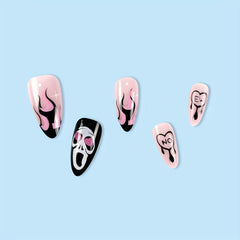 24pcs Halloween Pink Press On Nails with Ghost Flame Heart Almond False Nails