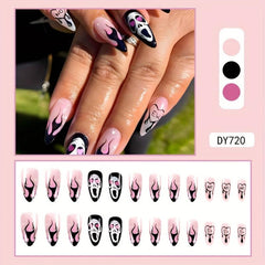 24pcs Halloween Pink Press On Nails with Ghost Flame Heart Almond False Nails