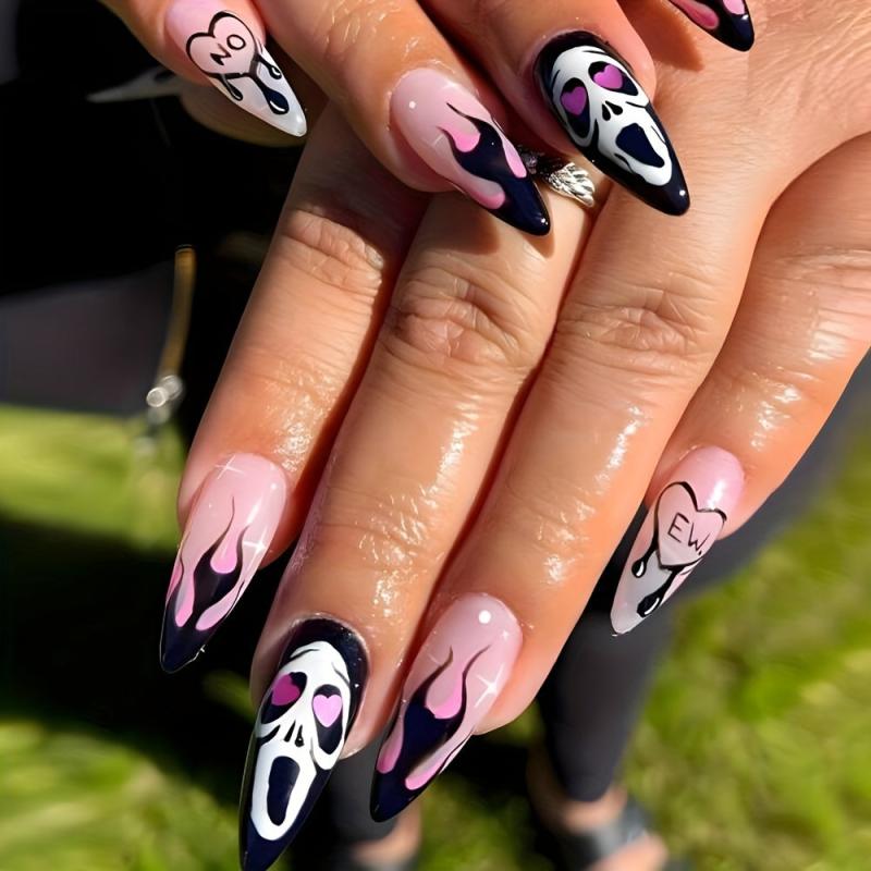 24pcs Halloween Pink Press On Nails with Ghost Flame Heart Almond False Nails