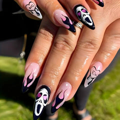 24pcs Halloween Pink Press On Nails with Ghost Flame Heart Almond False Nails