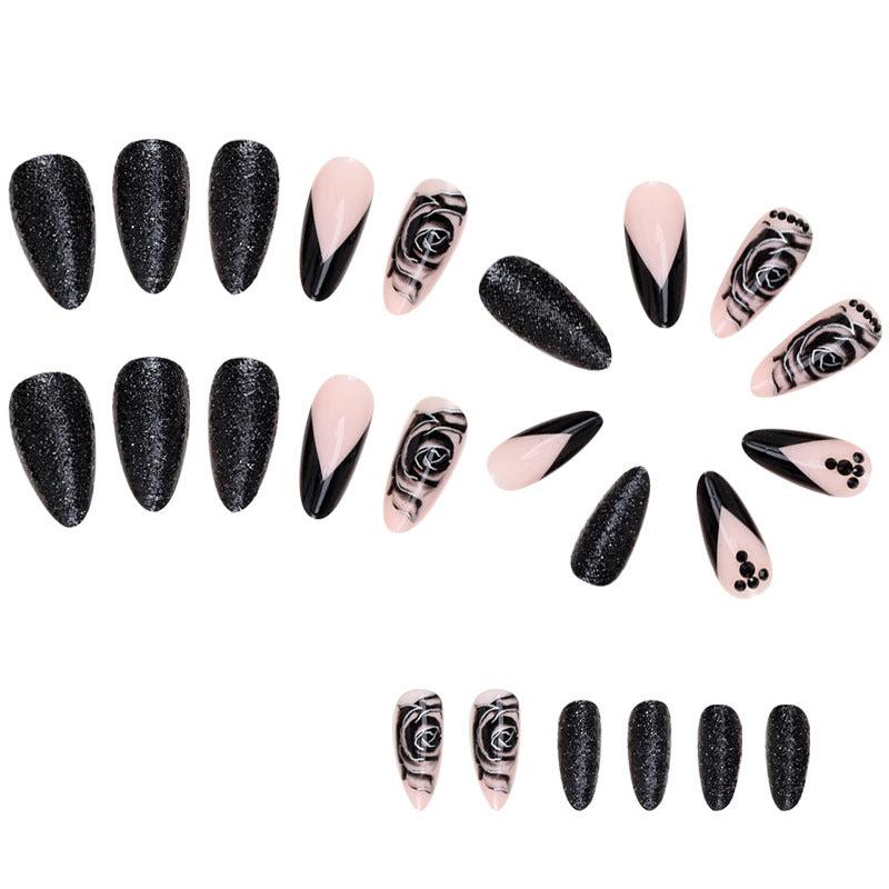 24pcs Glossy Rose Stiletto Press On Nails with Rhinestone