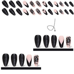 24pcs Glossy Rose Stiletto Press On Nails with Rhinestone