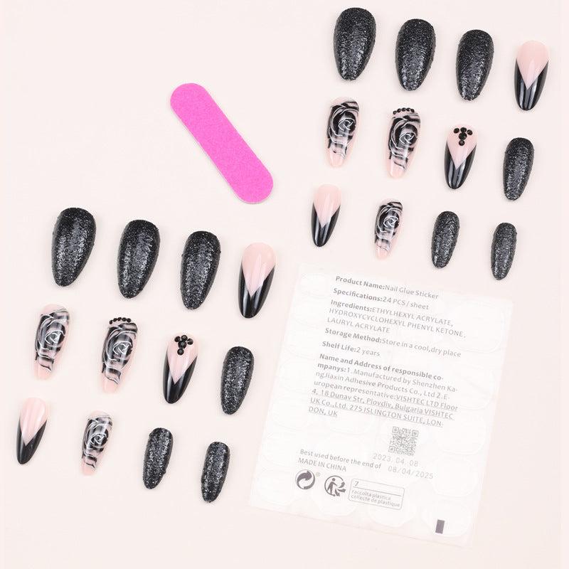 24pcs Glossy Rose Stiletto Press On Nails with Rhinestone