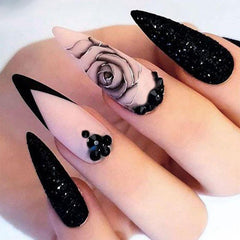 24pcs Glossy Rose Stiletto Press On Nails with Rhinestone