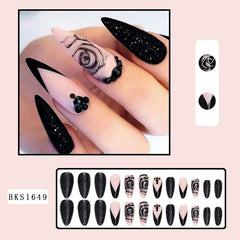 24pcs Glossy Rose Stiletto Press On Nails with Rhinestone