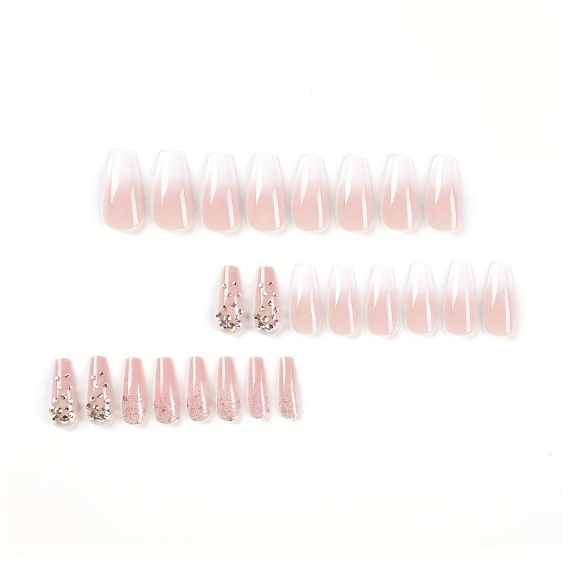 Pink Square Glitter Rhinestone Press On Nails for Women and Girls