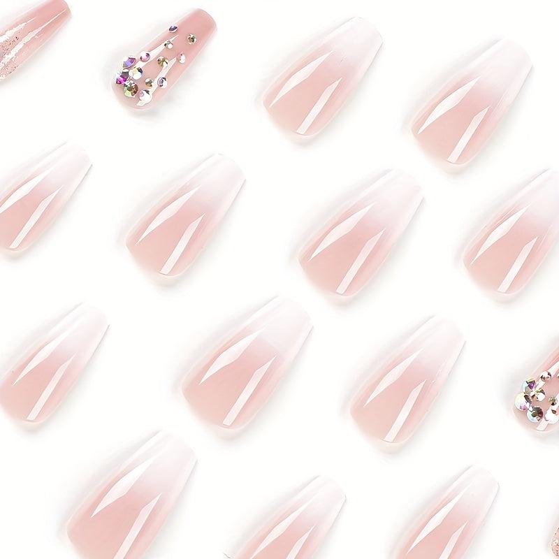 Pink Square Glitter Rhinestone Press On Nails for Women and Girls