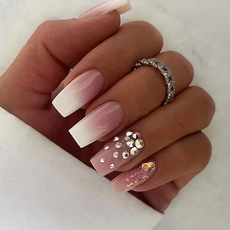 Pink Square Glitter Rhinestone Press On Nails for Women and Girls
