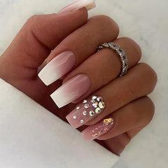 Pink Square Glitter Rhinestone Press On Nails for Women and Girls