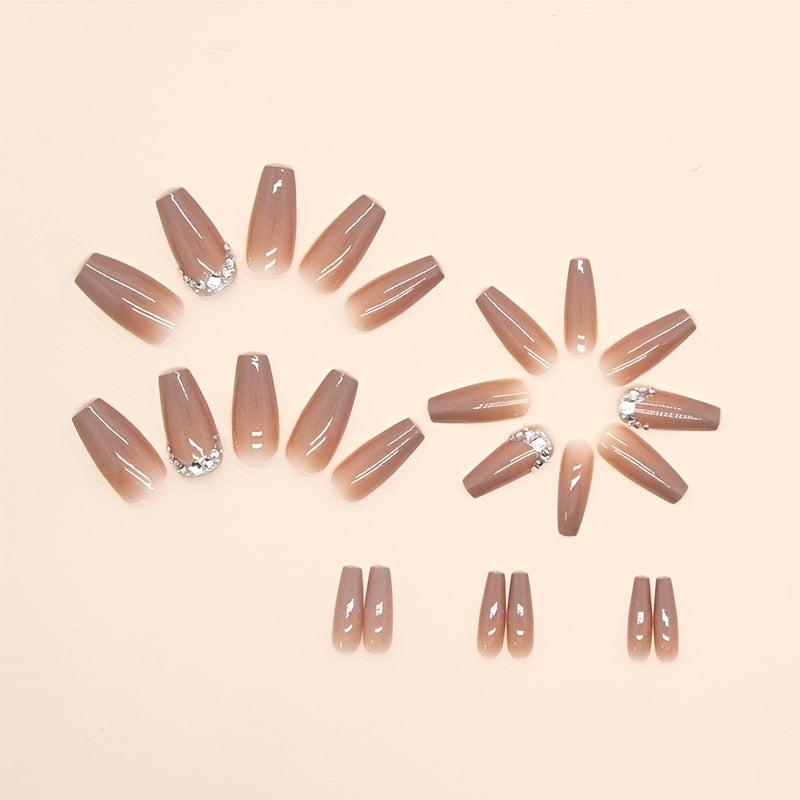 24pcs Caramel Brown Gradient Press On Nails with Rhinestone Full Cover