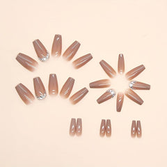 24pcs Caramel Brown Gradient Press On Nails with Rhinestone Full Cover