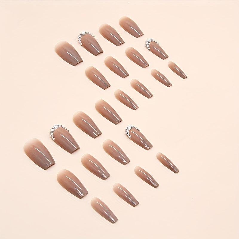 24pcs Caramel Brown Gradient Press On Nails with Rhinestone Full Cover