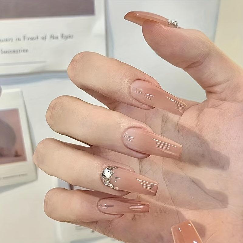 24pcs Caramel Brown Gradient Press On Nails with Rhinestone Full Cover