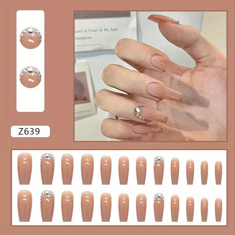 24pcs Caramel Brown Gradient Press On Nails with Rhinestone Full Cover