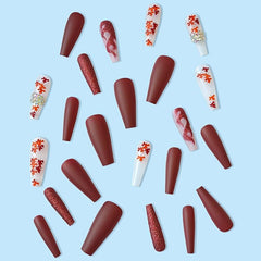 Dark Red Fall Press On Nails w/ Maple Leaf & Flame Glitters Matte Finish