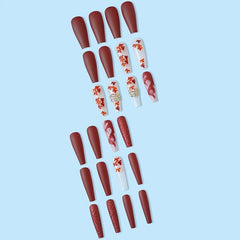Dark Red Fall Press On Nails w/ Maple Leaf & Flame Glitters Matte Finish