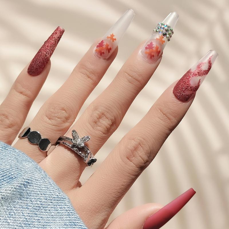 Dark Red Fall Press On Nails w/ Maple Leaf & Flame Glitters Matte Finish