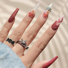 Dark Red Fall Press On Nails w/ Maple Leaf & Flame Glitters Matte Finish