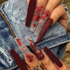 Dark Red Fall Press On Nails w/ Maple Leaf & Flame Glitters Matte Finish