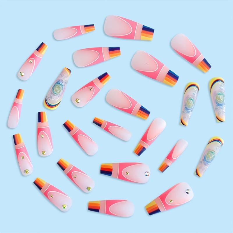 Rainbow Matte Coffin Press On Nails with Rhinestones