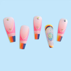Rainbow Matte Coffin Press On Nails with Rhinestones
