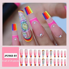 Rainbow Matte Coffin Press On Nails with Rhinestones