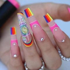 Rainbow Matte Coffin Press On Nails with Rhinestones