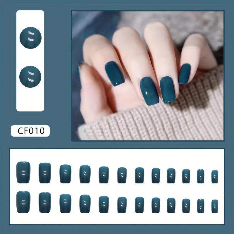 Green Glossy False Nails Square Press On Medium 24pcs