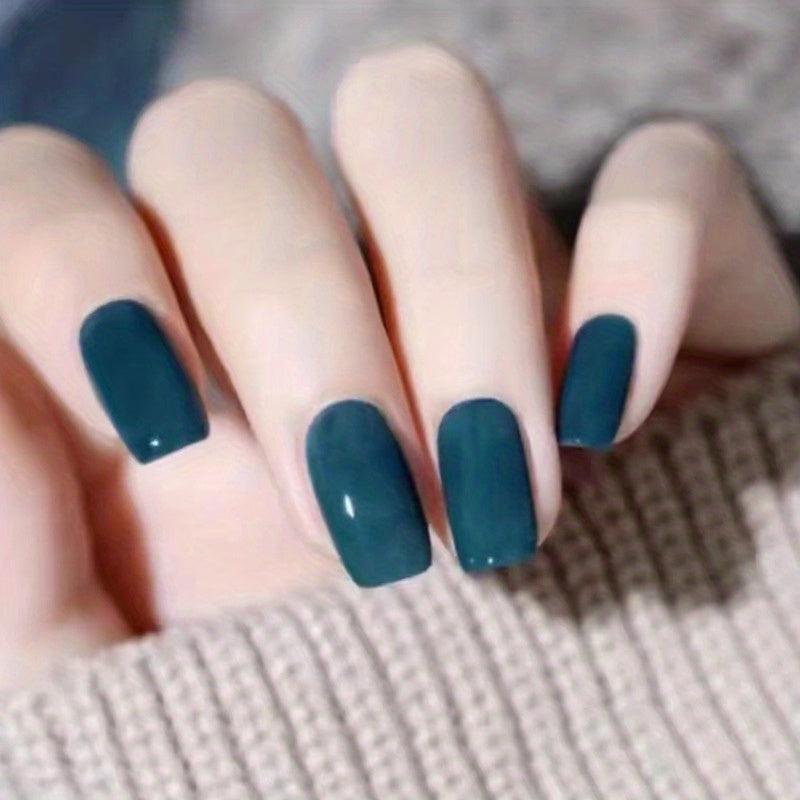 Green Glossy False Nails Square Press On Medium 24pcs