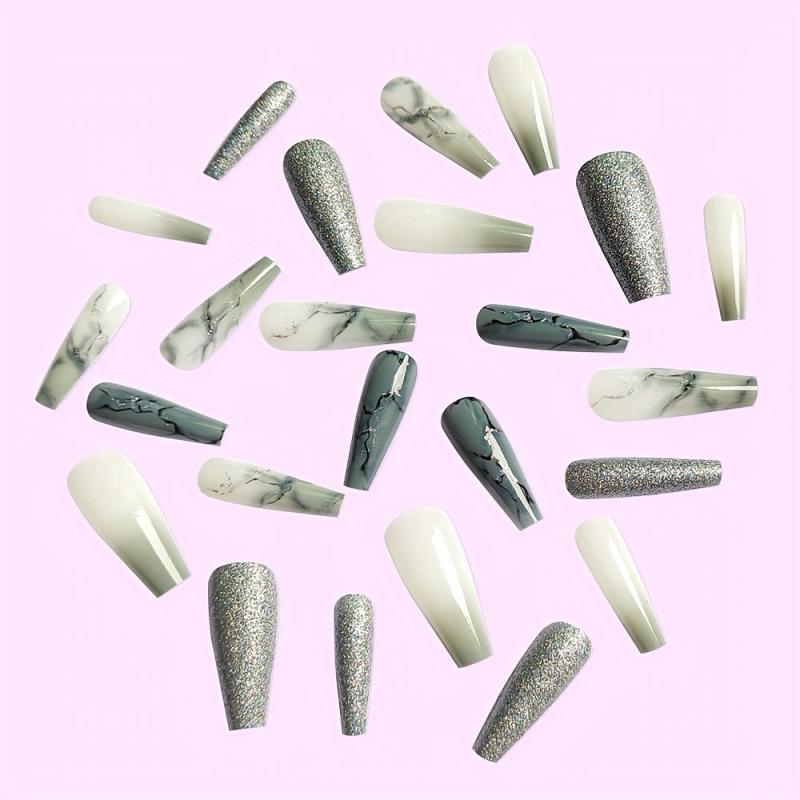 Glitter Gradient Grey Marble Press On Coffin Nails