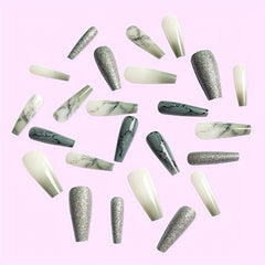 Glitter Gradient Grey Marble Press On Coffin Nails