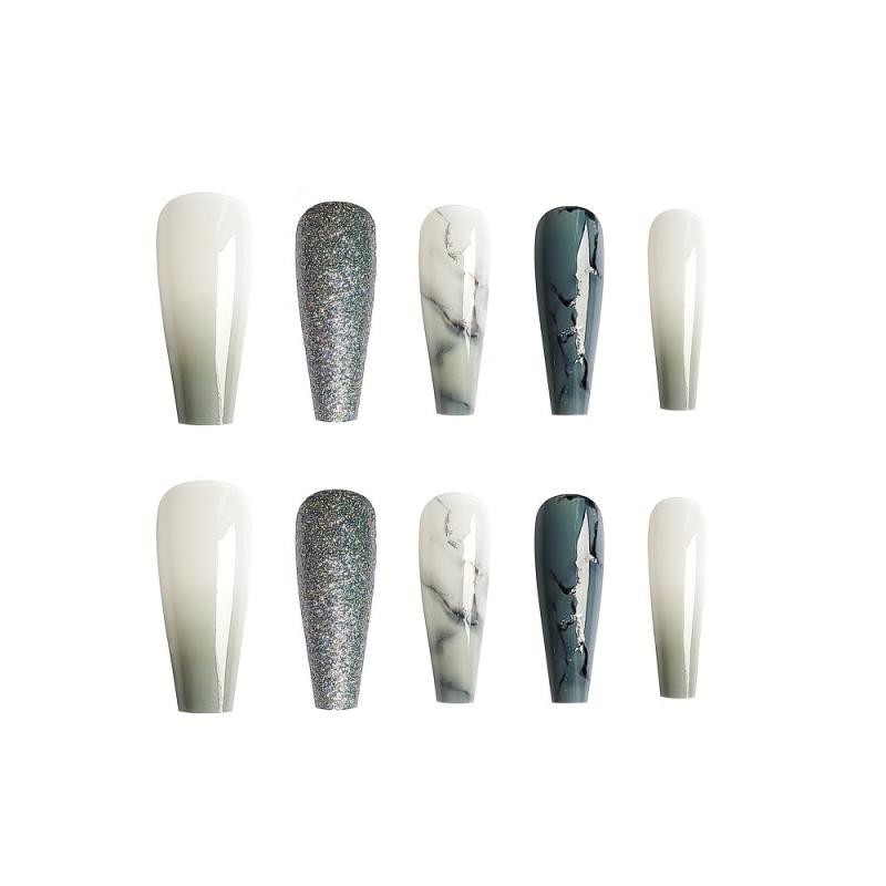 Glitter Gradient Grey Marble Press On Coffin Nails