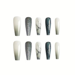 Glitter Gradient Grey Marble Press On Coffin Nails