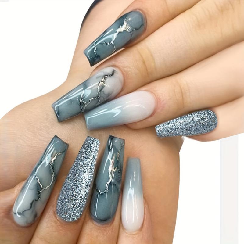 Glitter Gradient Grey Marble Press On Coffin Nails