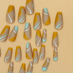 Stripe Press On Nails for Women - Medium Length Glossy Square Nail Tips