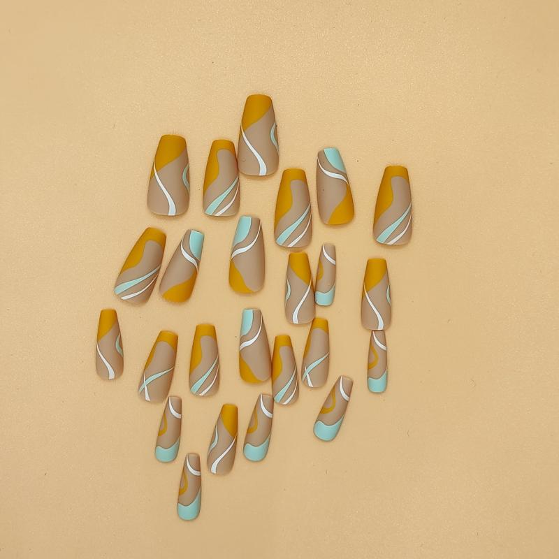 Stripe Press On Nails for Women - Medium Length Glossy Square Nail Tips
